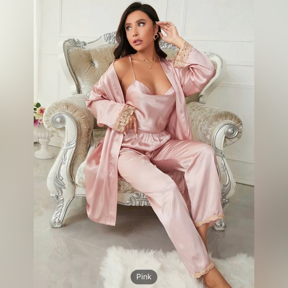 Blush Pink 3-piece Sets Silk Satin Cami Top & Pants With Robe Pajama Set - Picture 3 of 8
